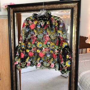Floral Embroidered Lace Blouse - Sheer High Neck & Bow Details